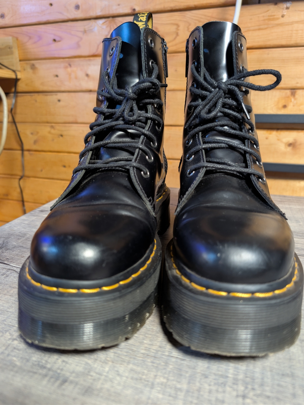 Dr. Martens Black Leather Platform Lace-Up Boots with Yellow Stitching